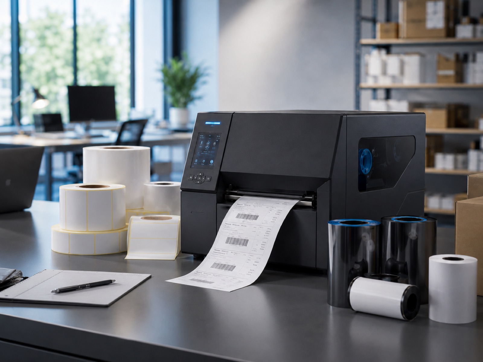 Stampante termica con rotoli di etichette e ribbon in ufficio